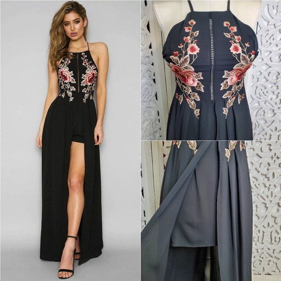 Dresses & Skirts - Black Embroidered Halter Maxi Mini Floral Dress M